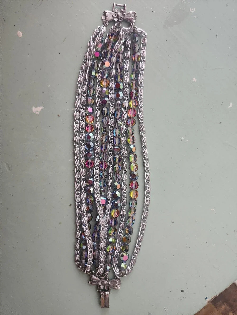 Stylish Multi-Row Iridescent Bead and Silver-Tone Bracelet